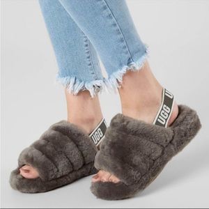 Women’s UGG Australia Gray Shearling Fluff Yeah Slingback Slides 10*